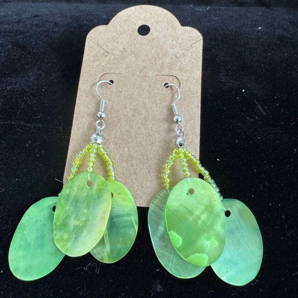 Light Green Beaded Oval Iridescent Handmade Shell Earrings